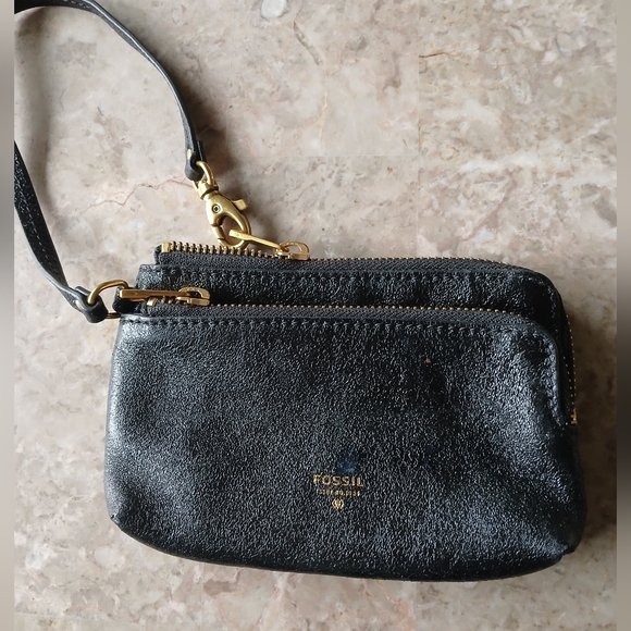 Fossil Handbags - Fossil NWOT Black Leather Dual-Compartment Zip Wristlet with Gold Hardware